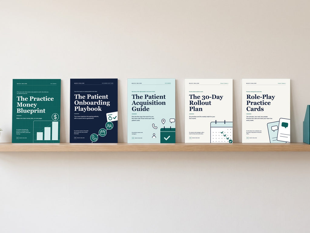 The Practice Growth Toolkit: five books on a wooden shelf