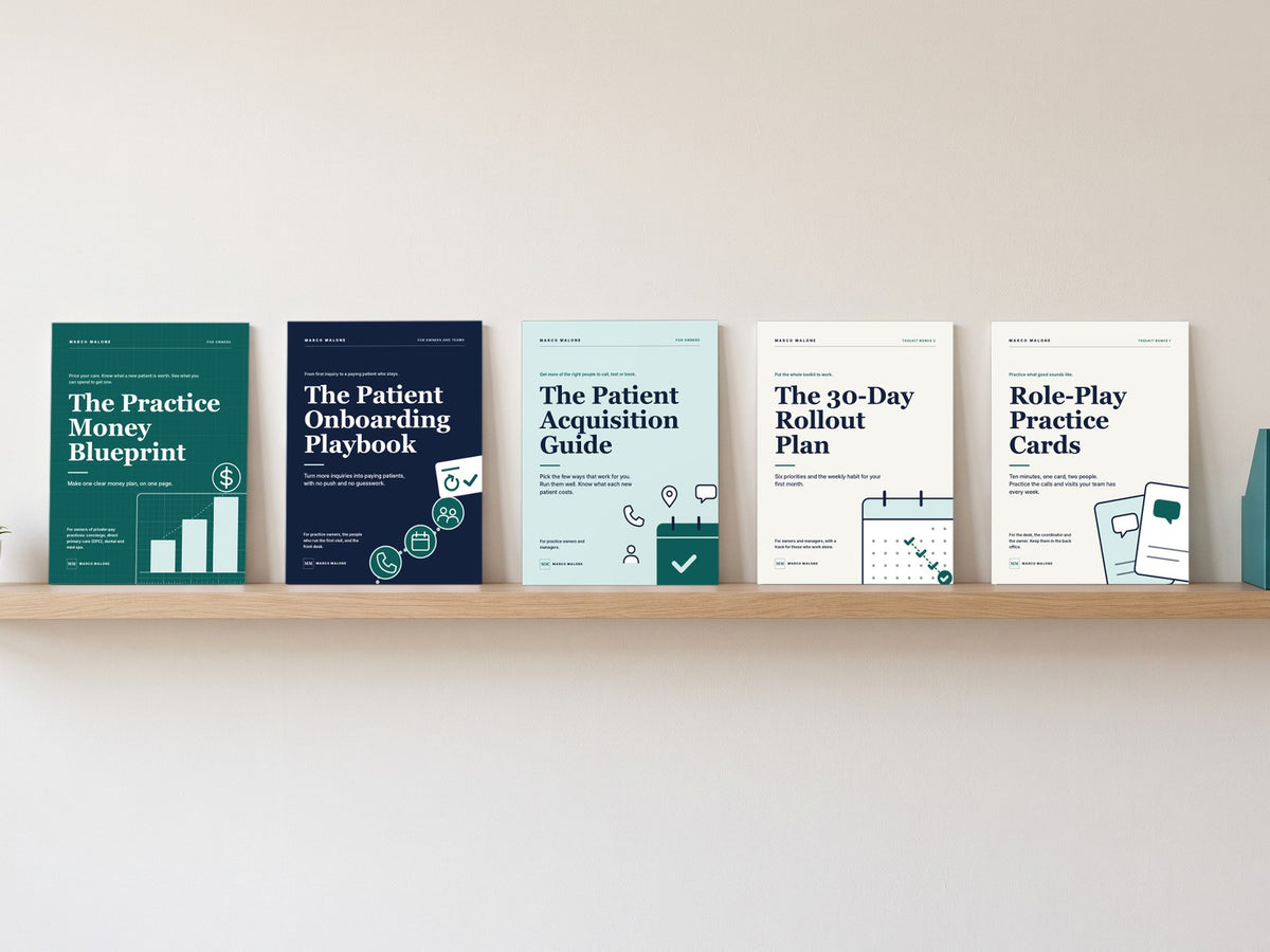 The Practice Growth Toolkit: five books on a wooden shelf
