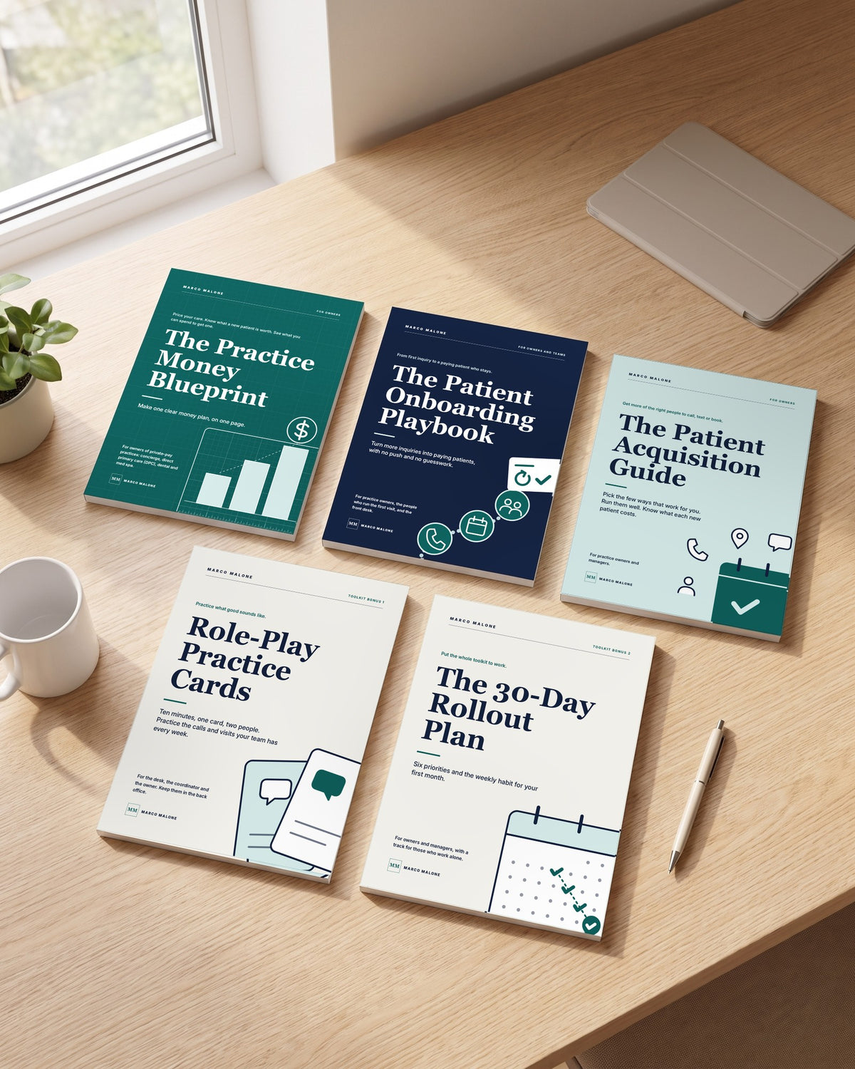 The five books of The Practice Growth Toolkit on a wooden desk