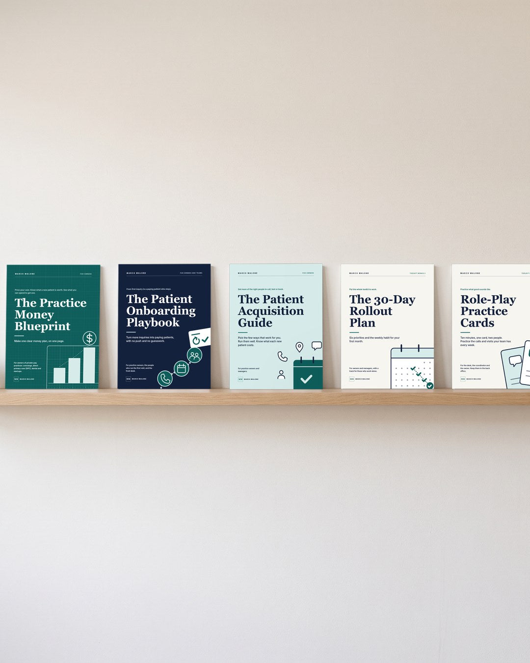 The Practice Growth Toolkit: three guides and two bonus books on a wooden shelf