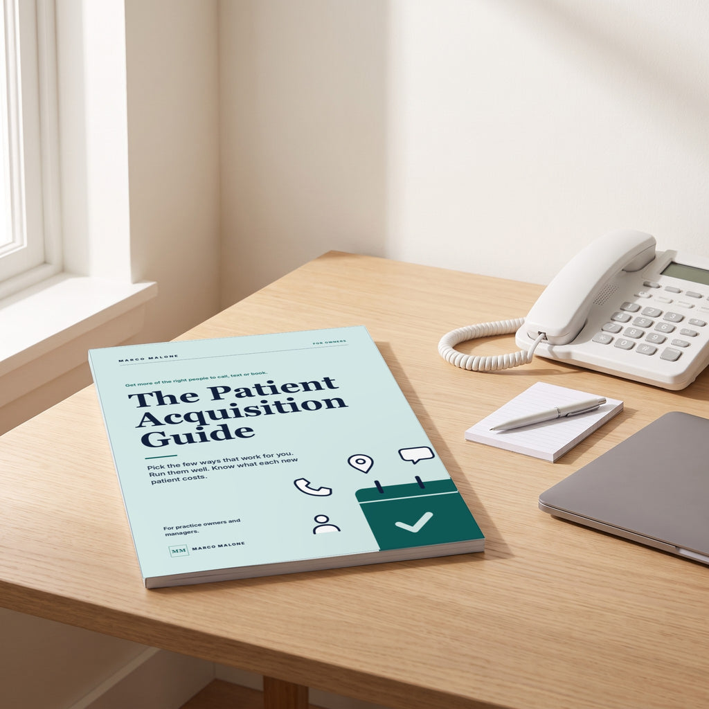 The Patient Acquisition Guide on a desk by a window, next to a phone