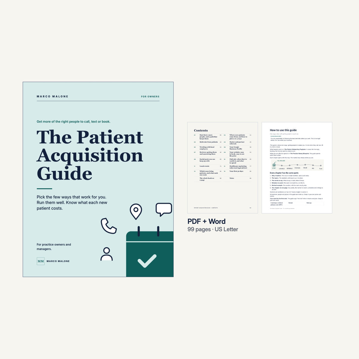 The Patient Acquisition Guide comes as a 99-page PDF and a Word file.