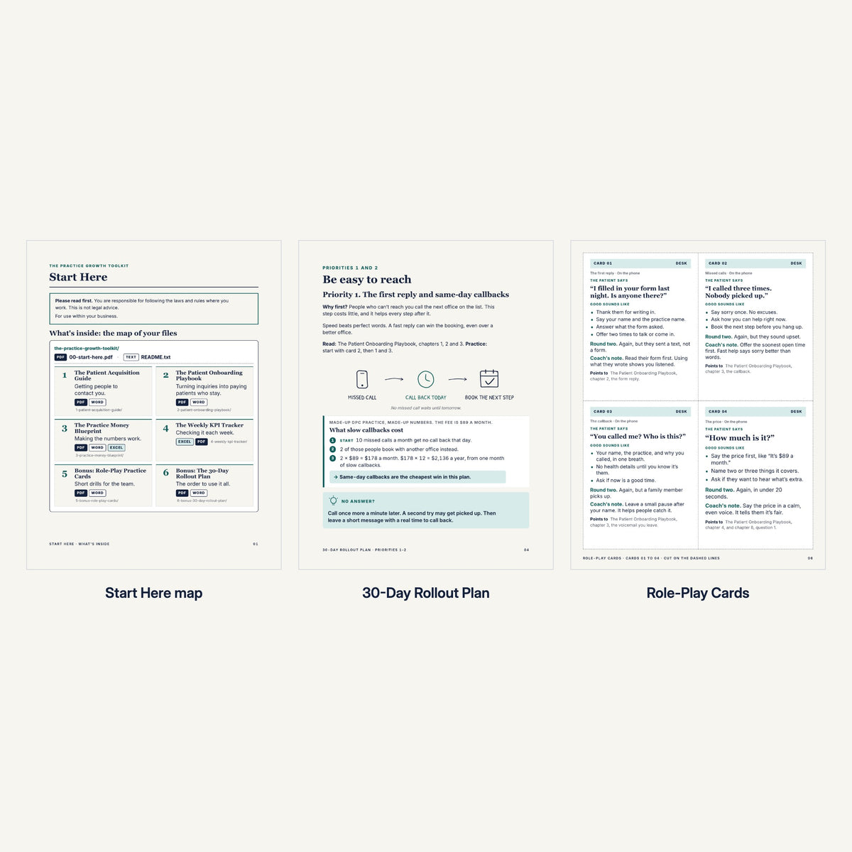 Inside The Practice Growth Toolkit: the Start Here map, a Rollout Plan page and a page of role-play cards.