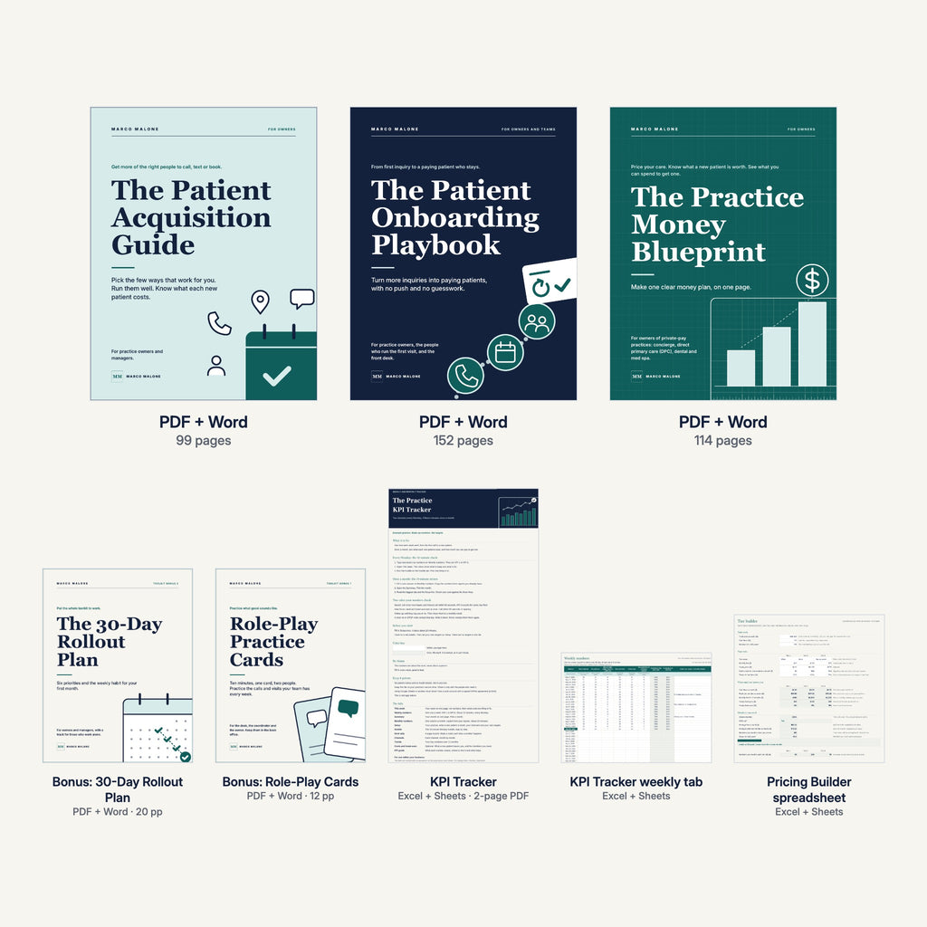 Everything in The Practice Growth Toolkit: three guides, two bonuses, The Practice KPI Tracker and the Pricing Builder.