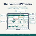 The Practice KPI Tracker on a laptop, showing the Summary tab with its KPI cards and charts. Weekly and monthly.