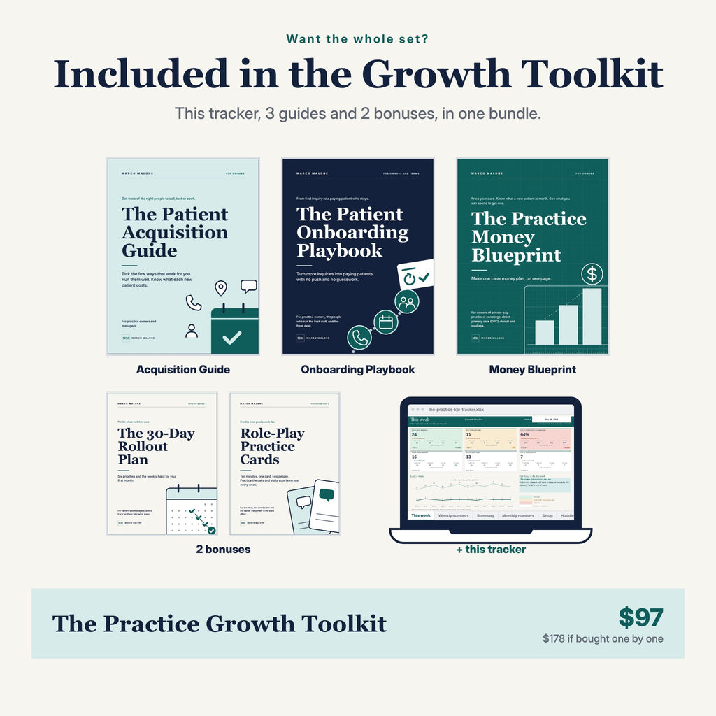 The Practice KPI Tracker is also part of The Practice Growth Toolkit: 3 guides, 2 bonuses and the tracker for $97.