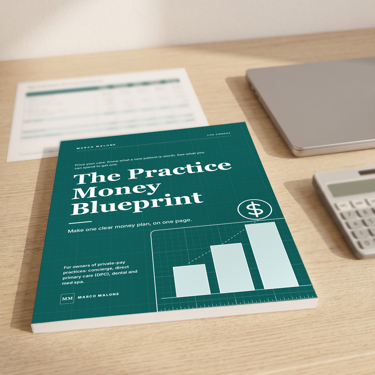 The Practice Money Blueprint on a desk with a calculator