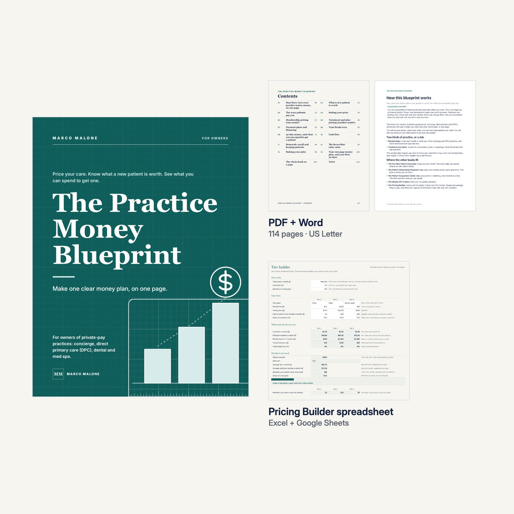 The Practice Money Blueprint comes as a 114-page PDF, a Word file and the Pricing Builder spreadsheet.