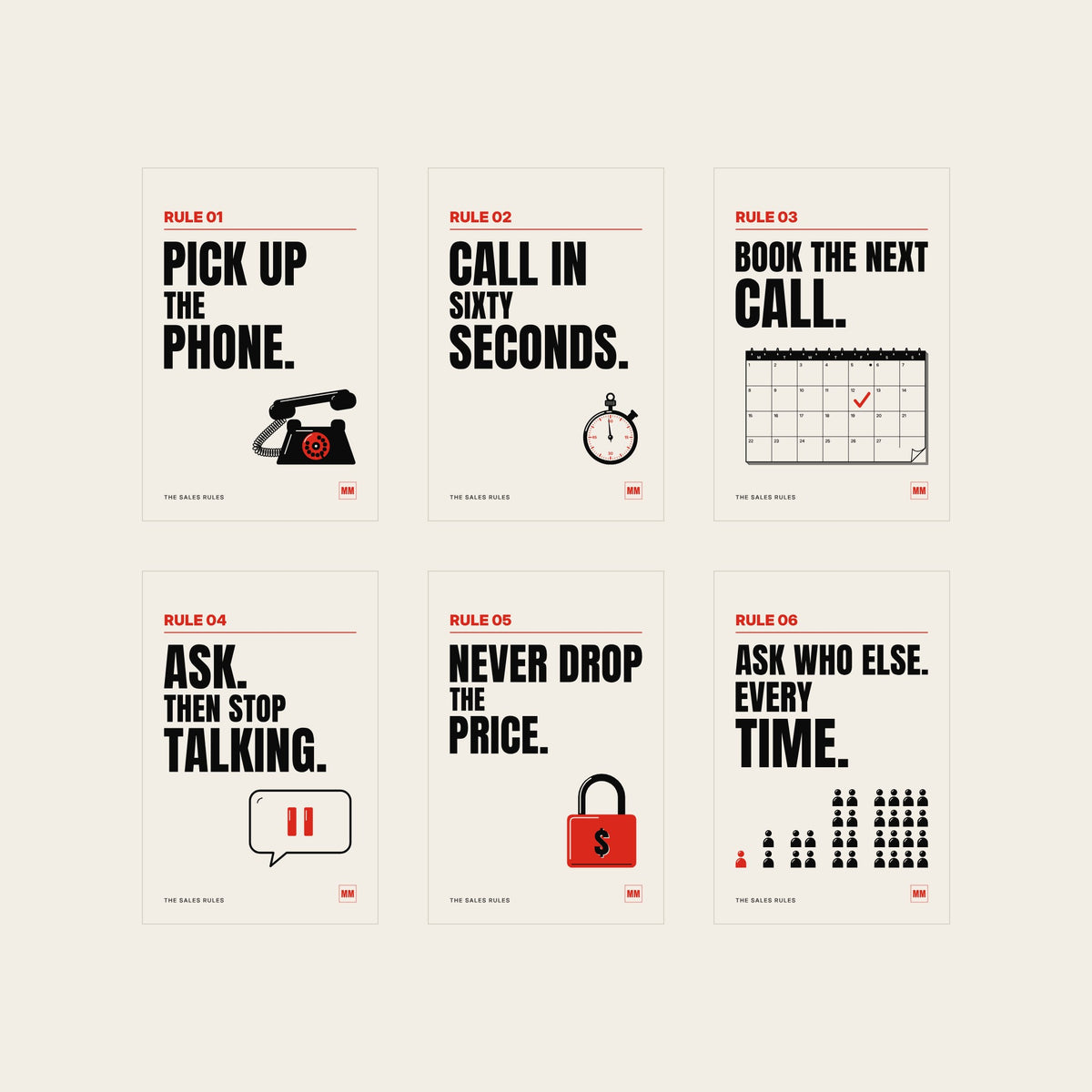 The six Sales Rules posters, unframed