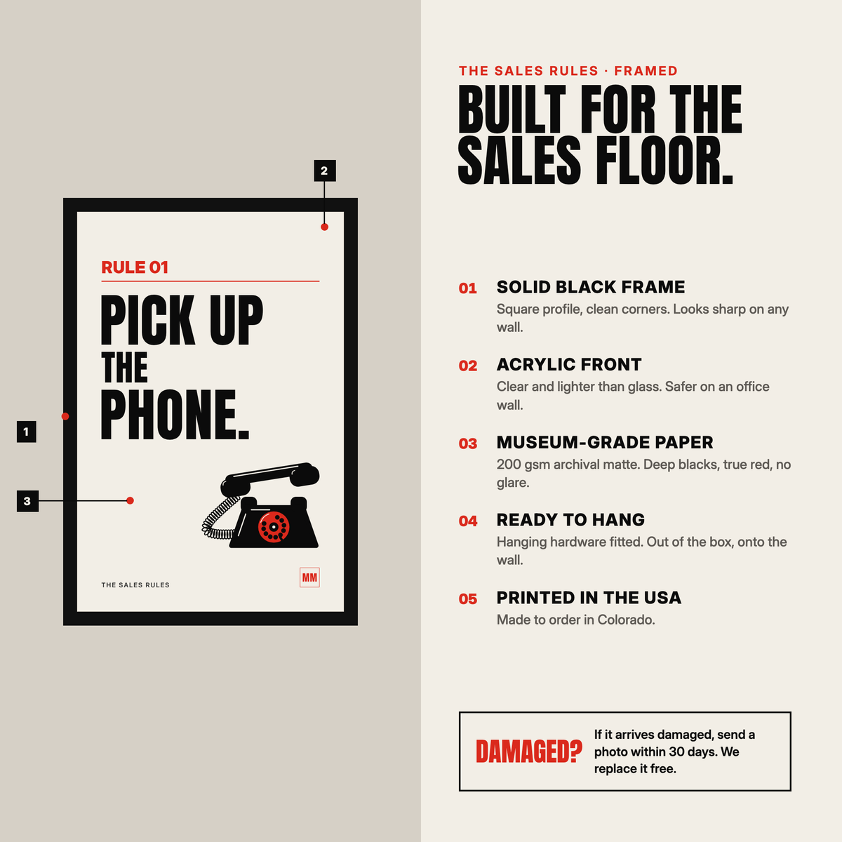 Framed sales poster detail: black frame, acrylic front and museum-grade paper, ready to hang, printed in the USA