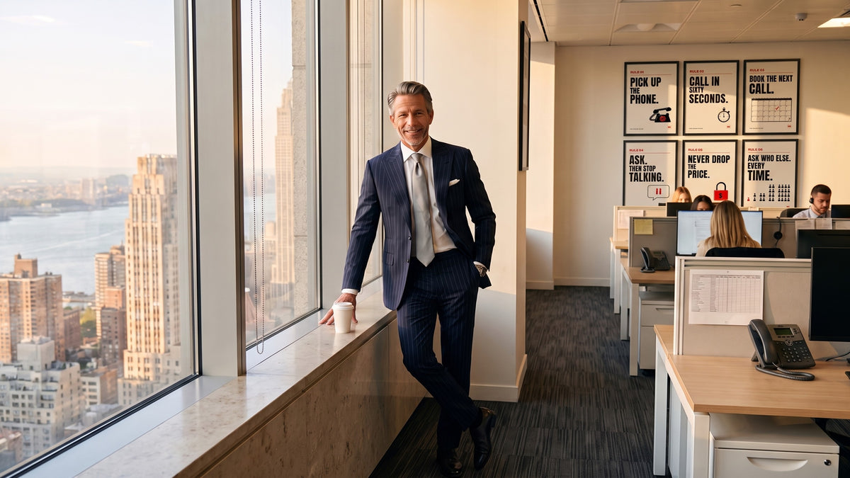 Mason Malone leaning on the window sill of a Manhattan sales office, The Sales Rules framed in black on the wall behind