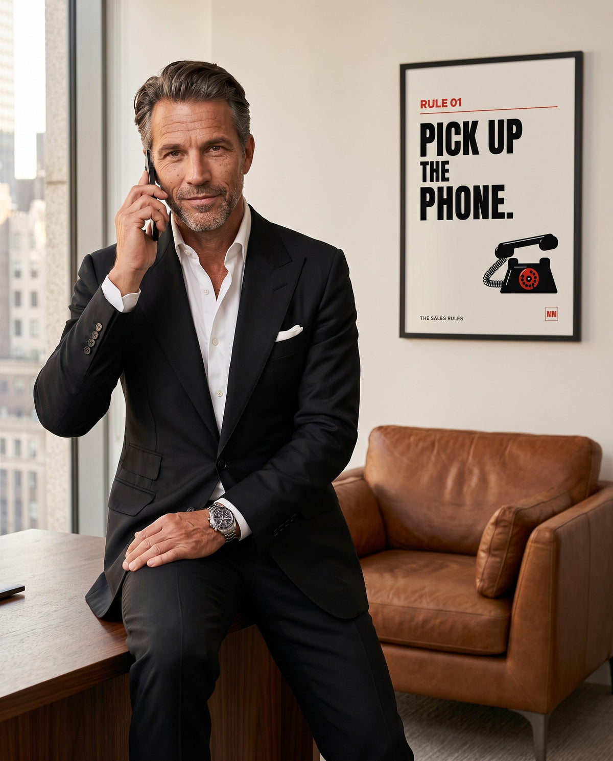 Marco Malone on a call in a black suit, Rule 01 Pick up the phone framed in black on the wall behind him