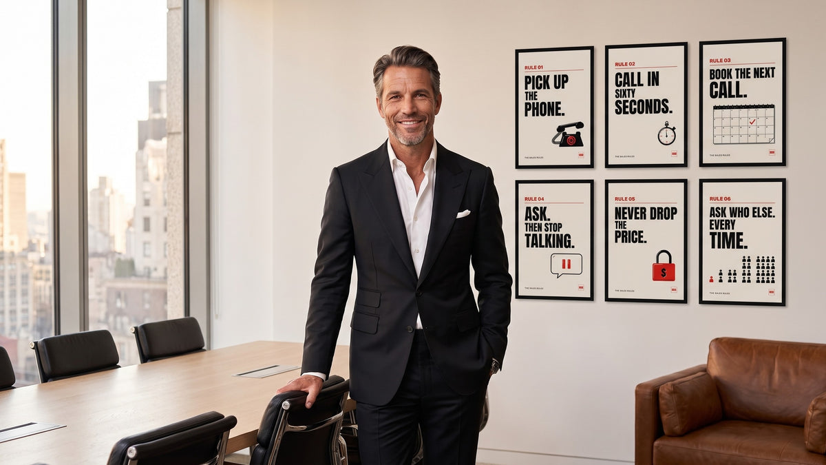 Marco Malone in a black suit in a Manhattan boardroom, all six Sales Rules framed in black on the wall