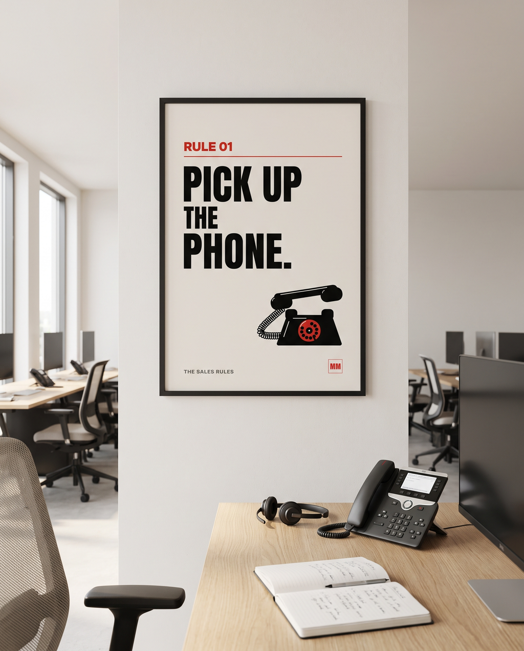 Pick Up the Phone sales poster, Rule 01, in a black frame on a sales office wall