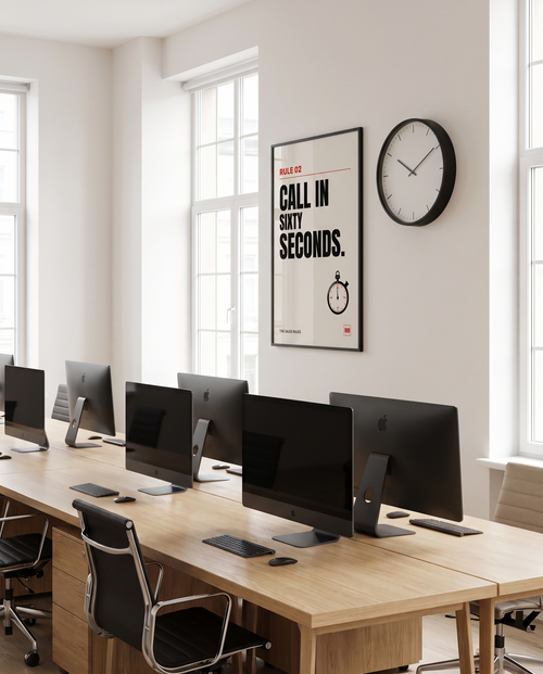 Call in Sixty Seconds sales poster, Rule 02, in a black frame on a sales office wall