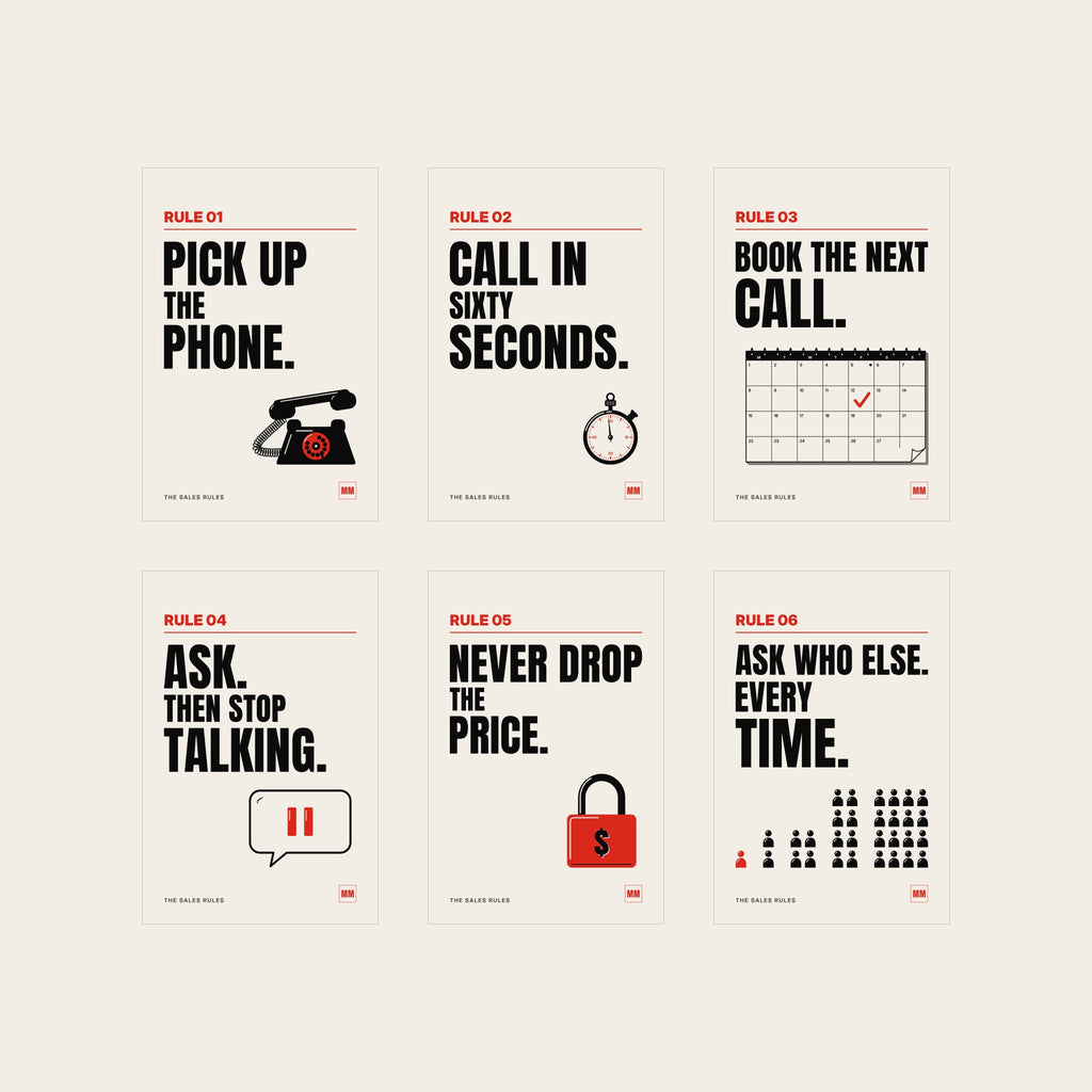 The Six unframed set: all six Sales Rules posters, Rules 01 to 06, as matte prints