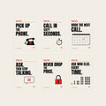 The Six unframed set: all six Sales Rules posters, Rules 01 to 06, as matte prints