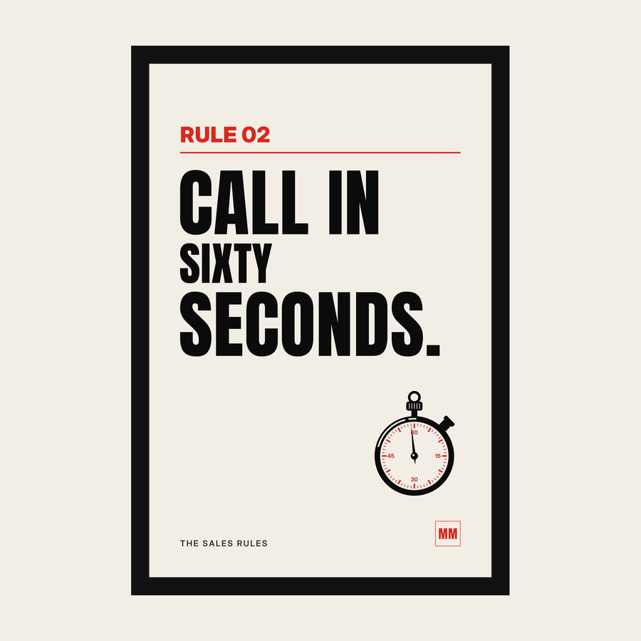 Call in Sixty Seconds sales poster, Rule 02, in a black frame with an acrylic front