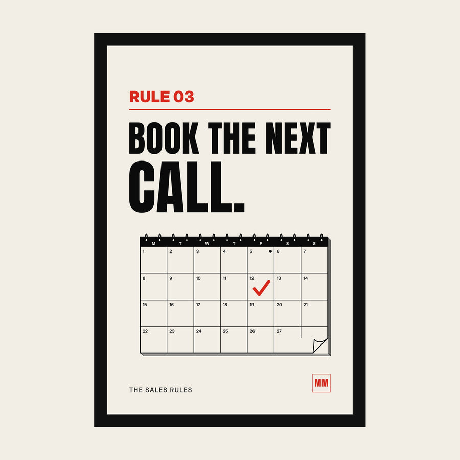 Book the Next Call sales poster, Rule 03, in a black frame with an acrylic front