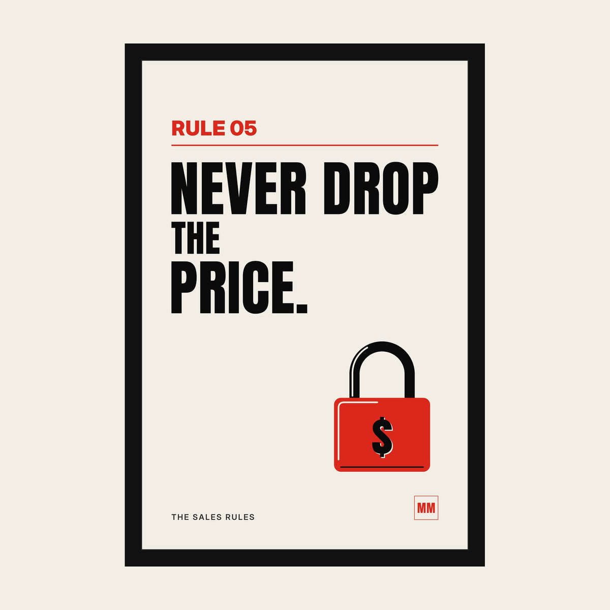 Never Drop the Price sales poster, Rule 05, in a black frame with an acrylic front