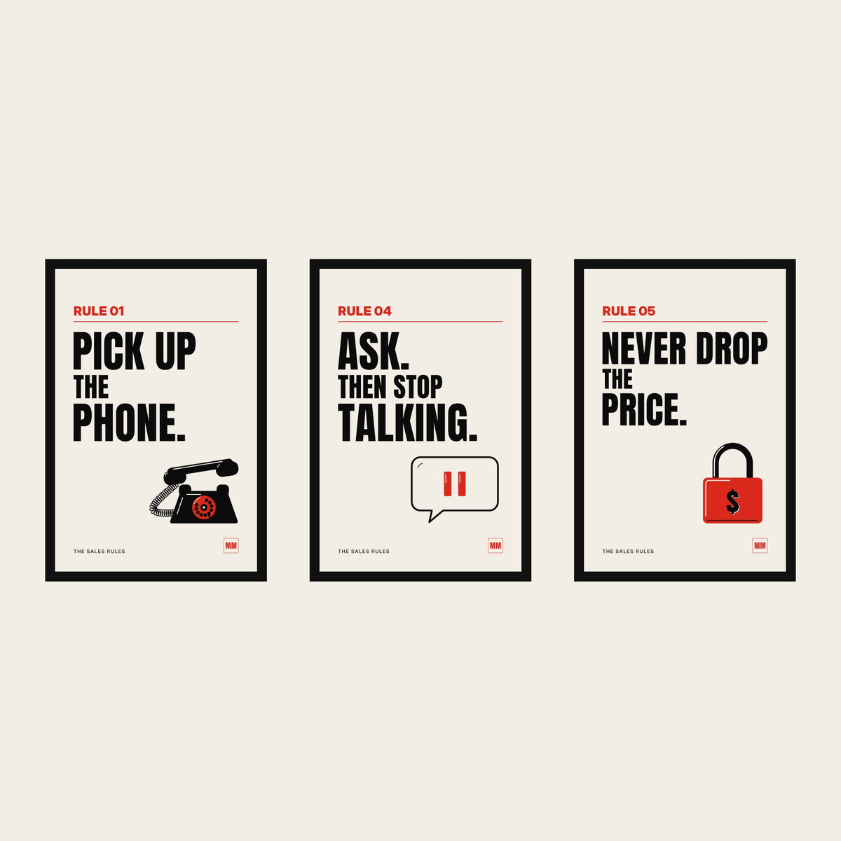 The Three: Rules 01, 04 and 05 in black frames, in hanging order