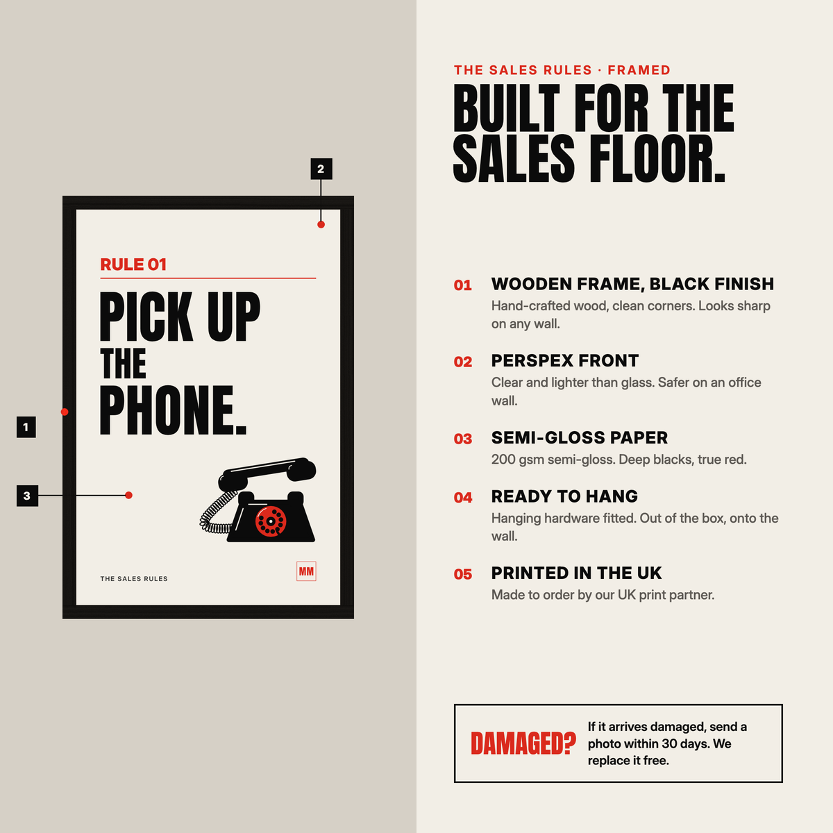 Framed sales poster detail: wooden frame in a black finish, perspex front, 200 gsm semi-gloss paper, ready to hang, printed in the UK