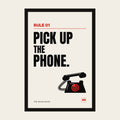 Pick Up the Phone sales poster, Rule 01, in a wooden frame in a black finish with a perspex front