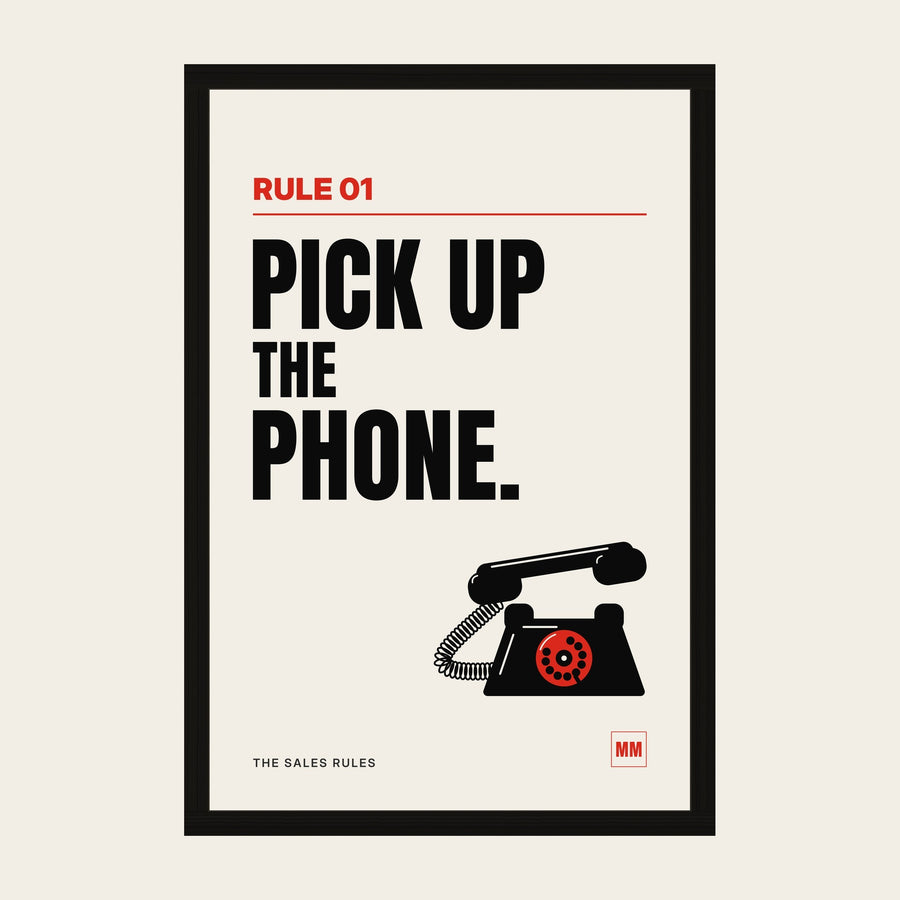Pick Up the Phone sales poster, Rule 01, in a wooden frame in a black finish with a perspex front