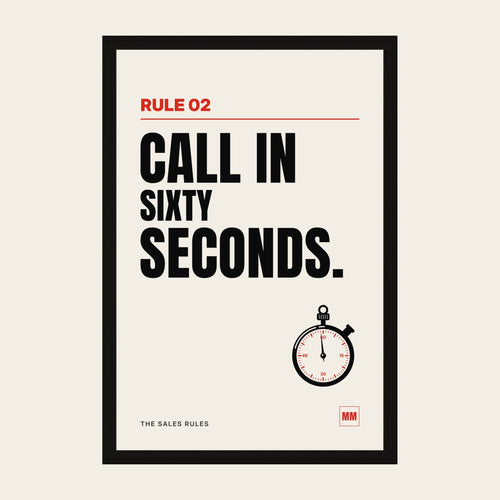 Call in Sixty Seconds sales poster, Rule 02, in a wooden frame in a black finish with a perspex front