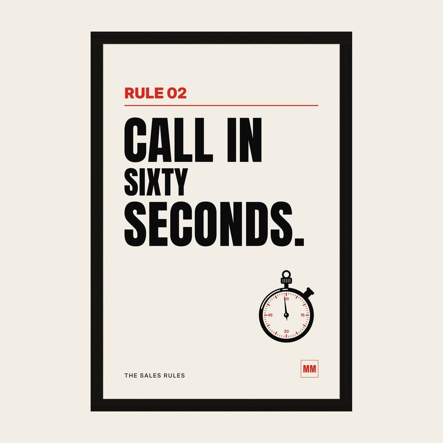 Call in Sixty Seconds sales poster, Rule 02, in a wooden frame in a black finish with a perspex front