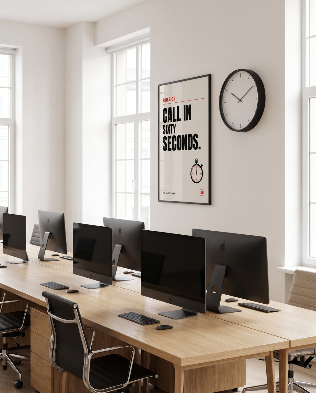 Call in Sixty Seconds sales poster, Rule 02, in a wooden frame in a black finish on a sales office wall