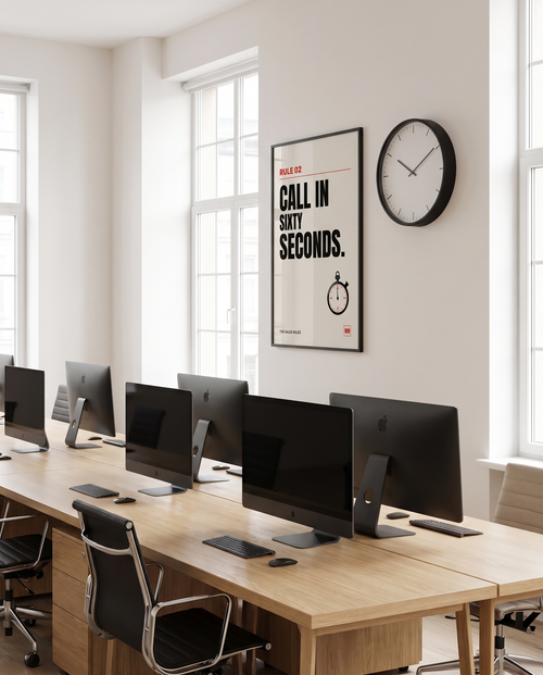 Call in Sixty Seconds sales poster, Rule 02, in a wooden frame in a black finish on a sales office wall