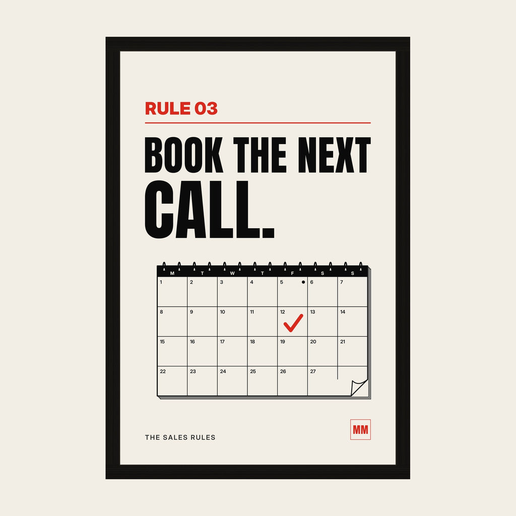 Book the Next Call sales poster, Rule 03, in a wooden frame in a black finish with a perspex front