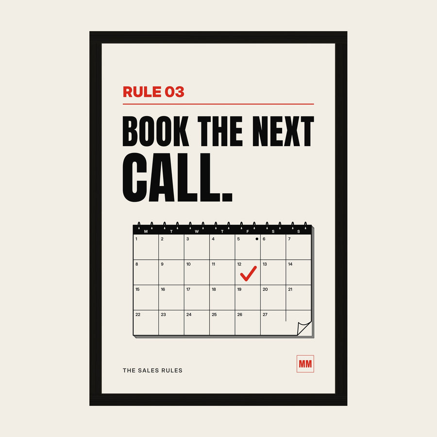 Book the Next Call sales poster, Rule 03, in a wooden frame in a black finish with a perspex front