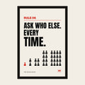 Ask Who Else Every Time sales poster, Rule 06, in a wooden frame in a black finish with a perspex front