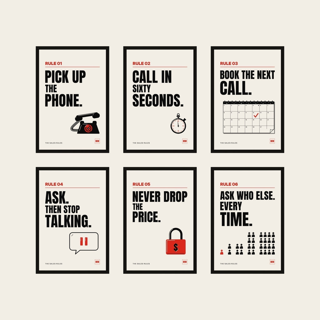 The Six framed set: all six Sales Rules posters, Rules 01 to 06, in wooden frames in a black finish