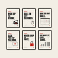The Six framed set: all six Sales Rules posters, Rules 01 to 06, in wooden frames in a black finish