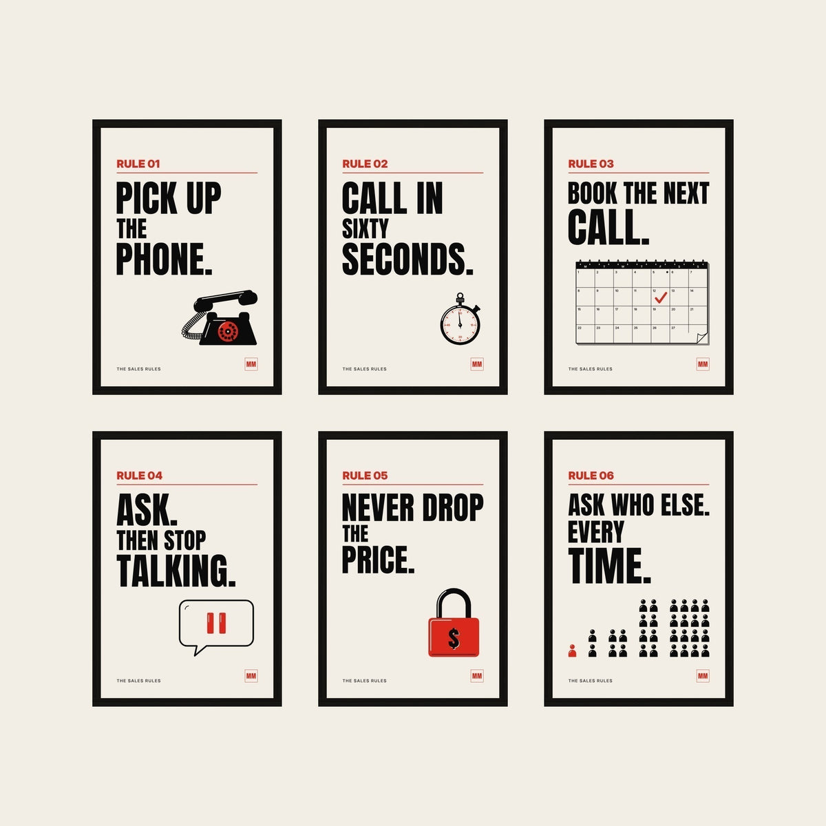 The Six framed set: all six Sales Rules posters, Rules 01 to 06, in wooden frames in a black finish