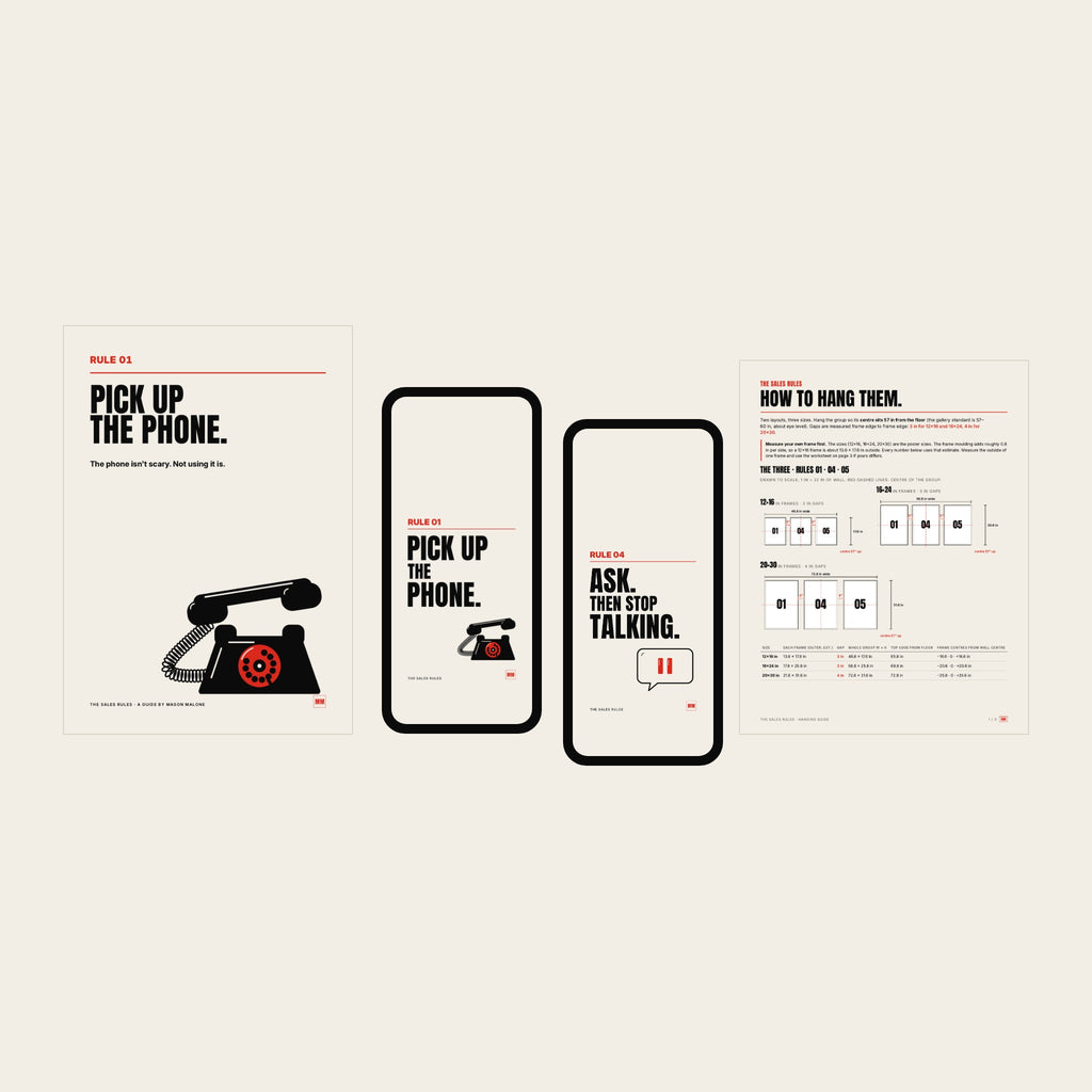 What you get with a Sales Rules poster: Marco's 6-page guide to the rule, plus phone wallpapers and a hanging guide with bundles