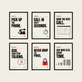 The Six framed set: all six Sales Rules posters, Rules 01 to 06, in matching black frames